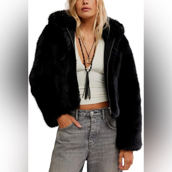 Free People Jackets & Blazers - Free People Louder Please Black faux fur zip up hoodie jacket coat